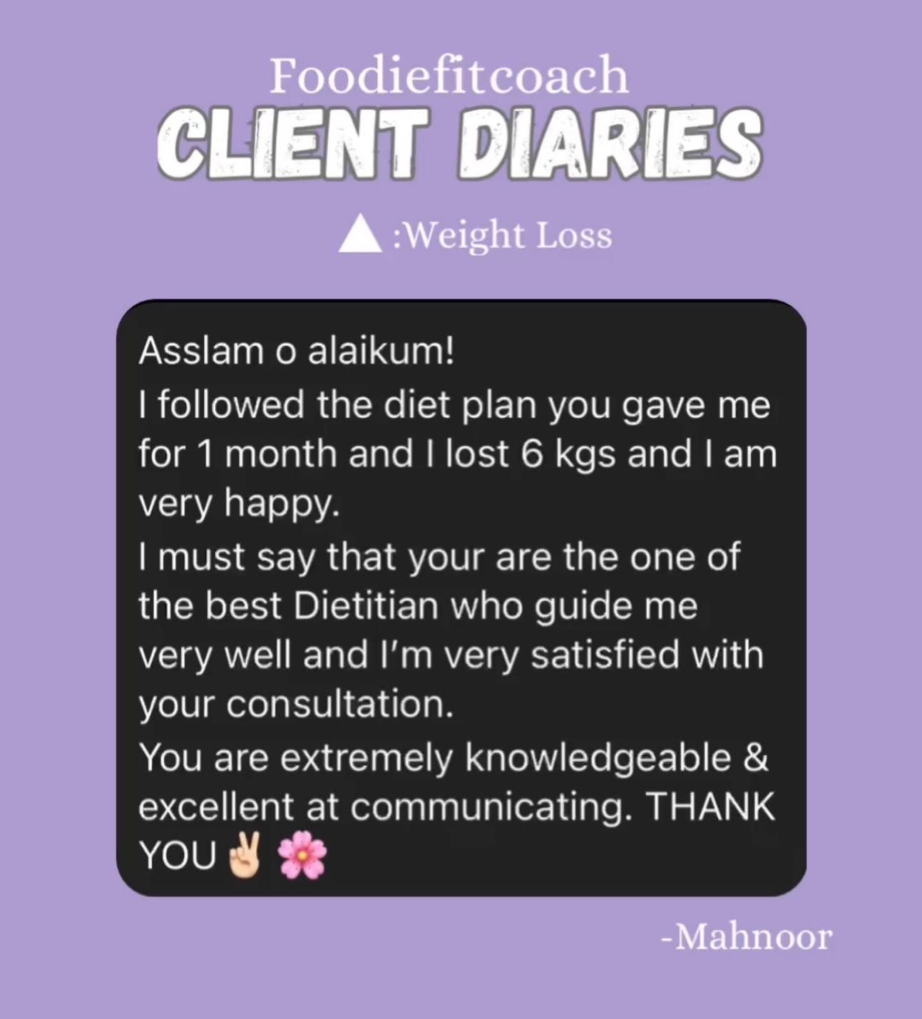 Client Diaries screenshot: Mahnoor's message thanking Nimra after losing 6kg in one month