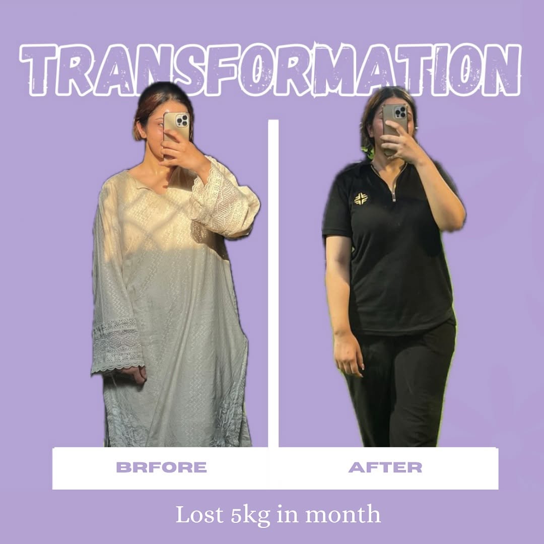 Client transformation: before and after photos, 5kg lost in 1 month